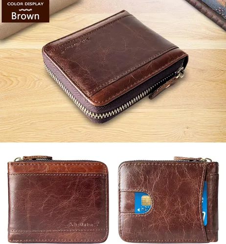 Miniatura 37 de Admetus Billeteras con bloqueo RFID para hombre, billetera de cuero con cremallera para hombres con tarjetero RFID plegable