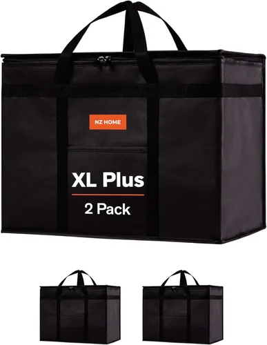 NZ home Bolsa térmica aislada y calentador de alimentos (XL Plus, paquete de 2) para entrega y compras de comestibles con parte superior con Negro