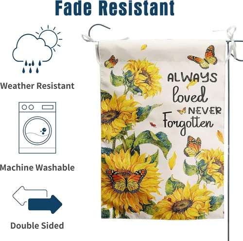 Miniatura 4 de Always Loved Never Forgotten - Bandera de jardín conmemorativa de 12 x 18 pulgadas, bandera de girasol de doble cara para patio, bandera de mariposa