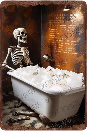 Letrero de metal de esqueleto de reglas de baño, arte de pared de aluminio vintage de 8 x 12 pulgadas, calavera en la bañera, decoración gótica