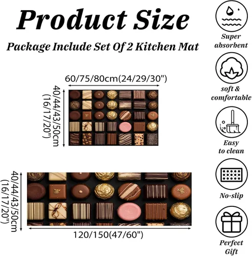 Miniatura 2 de 3D Chocolate Patchwork Kitchen Mat Set of 2 Pcs, Non Slip Kitchen Rug Brown, Retro Geometric Washable Absorbent Floor Mat Runner Rug, Cushioned