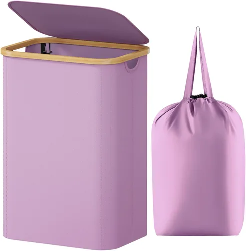 Miniatura 15 de Lifewit Cesta de ropa de 120L con tapa, cestas de ropa para lavandería con asas de bambú y una bolsa de lavandería extraíble, cesta plegable grande