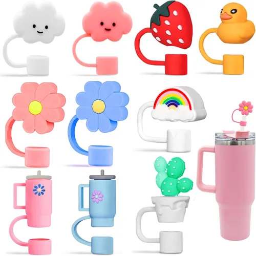 10 fundas de popote compatibles con vasos Stanley de 30 y 40 onzas, reutilizables, bonitas puntas de silicona para popotes, protectores de tapas