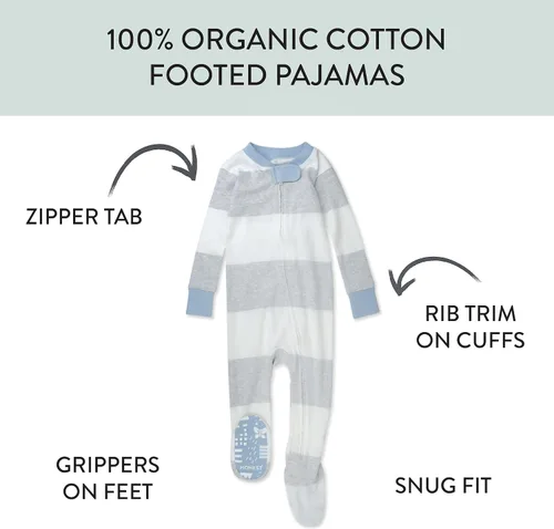 Miniatura 3 de HonestBaby Pijama de una pieza con pies antideslizantes para bebé, con cremallera frontal, 100% algodón orgánico