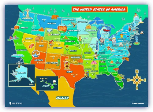 Mapa de Estados Unidos para niños (18 x 30 pulgadas) laminado 50 estados y capitales póster grande bellamente ilustrado Young N Refined