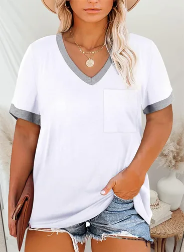 Miniatura 2 de Eytino Blusas de talla grande para mujer, cuello en V, manga corta, a rayas, casual, holgada, con bolsillo (1X-5X)