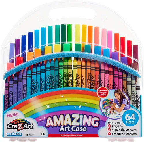 Cra-Z-Art Estuche de arte increíble de 64 piezas con colores vibrantes, crayones y marcadores de punta fina y súper punta ideal para niños a partir