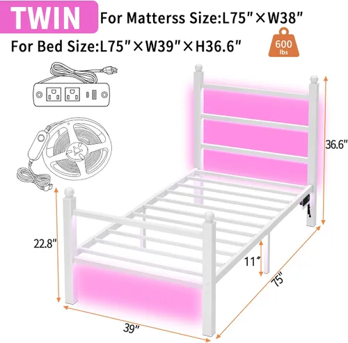 Miniatura 2 de CLIBFENG Base de cama individual con cabecera y estribo, listones de acero, base de cama LED con estación de carga USB, base de colchón