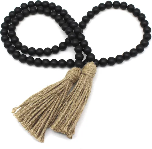 CVHOMEDECO. Guirnalda de cuentas de madera con borlas de madera rústica para decoración de festivales en el hogar, color negro