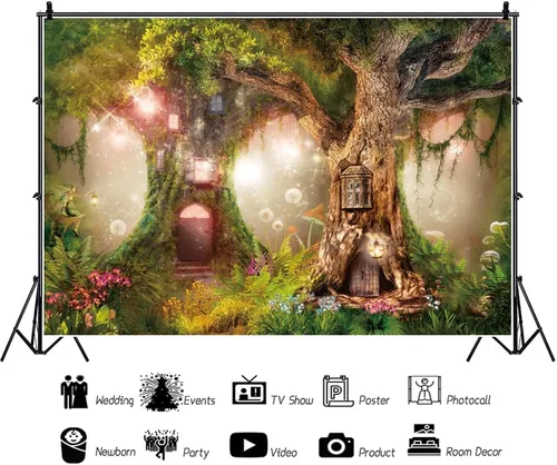 Miniatura 4 de Renaiss Telón de fondo de bosque encantado de 5 x 3 pies, casa de árbol mágico, cuento de hadas, país de las maravillas, bosque, fantasía, selva