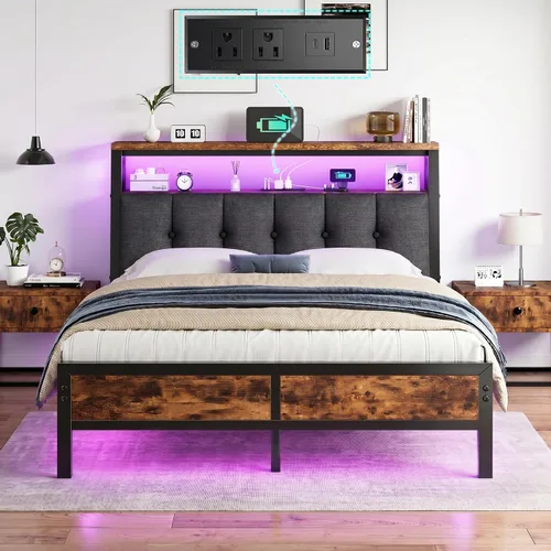 Miniatura 10 de Homkdom Base de cama de tamaño matrimonial con estación de carga, marco de cama tamaño matrimonial con luces LED con cabecera de almacenamiento Negro