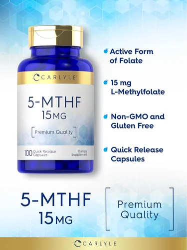 Miniatura 4 de Carlyle Suplemento 5-MTHF 15mg 100 cápsulas L-metilfolato Sin OMG, sin gluten Calidad premium