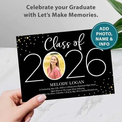 Miniatura 2 de Let's Make Memories Anuncios de graduación personalizados para clase de 2026 o cualquier año, invitaciones de calidad premium, 5 x 7, tarjetas Año