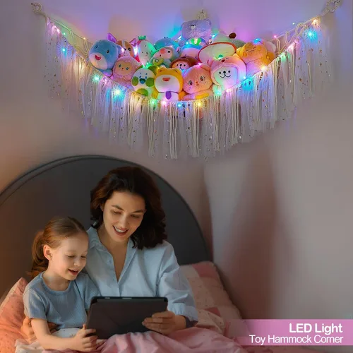 Miniatura 4 de FIOBEE Red de Animales de Peluche o Hamaca con Luz LED, Hamaca de Juguetes Colgante Organizador de Almacenamiento Soporte para Animales de Peluche