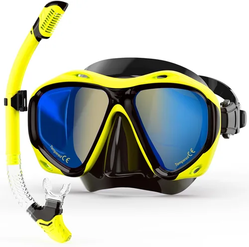 Miniatura 8 de Equipo de esnórquel para adultos, máscara de esnórquel con lente de vidrio templado espejo de visión amplia de 180°, máscara de buceo antivaho