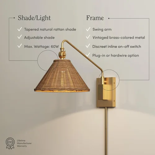 Miniatura 6 de Nathan James Celeste - Lámpara de pared de ratán, moderna lámpara de pared para casa de campo, lámpara de lectura para mesita de noche con pantalla