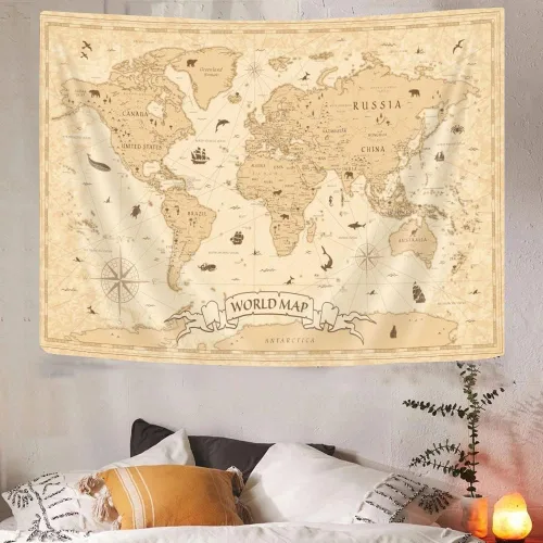 Miniatura 4 de Hajmsug Tapiz vintage de mapa del mundo para colgar en la pared para estudiantes y niños, mapa educativo del mundo, tapices artísticos