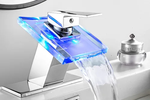 Miniatura 6 de Grifo de Lavabo de Baño con Luz LED, Boquilla de Cascada de Vidrio que Cambia a 3 Colores, Mezclador de Agua Caliente y Fría, Manija Única, un Solo