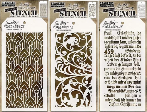Tim Holtz Plantillas de tamaño completo en capas, lanzadas en octubre de 2020, guión, hierro, arco decorativo, paquete de 3 (THS147, THS148, THS149)