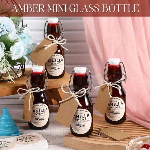 Miniatura 4 de Vesici Juego de 8 botellas de vidrio con tapa oscilante ámbar, botellas de extracto de vainilla casero, frascos de extracto de vainilla