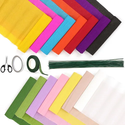 Rollos de papel crepé de 14 colores, hojas de papel crepé de 9.8 x 98 pulgadas de ancho con 100 piezas de alambre de hierro floral verde, banda