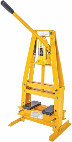 JEGS Prensa hidráulica de taller | Acero con acabado amarillo | 6 toneladas | Montaje superior de banco | Rango de trabajo de hasta 4 1/4 pulgadas |