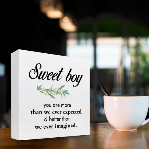 Miniatura 3 de Letrero de madera con texto en inglés "Sweet Boy You are More Than We Ever Expected", con cita inspiradora, caja de madera, placa para niños