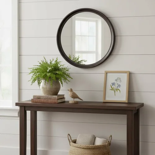 Miniatura 3 de Round Mirrors 24 Inch,Rustic Decorative Transitional Dark Walnut Wall Mirror with Wood Grain for Bathroom,Farmhouse Hanging Vanity Mirror for