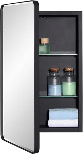 IDYLLOR Gabinete de espejo de baño negro para medicinas con puerta con esquinas redondas y borde biselado, 15 x 25 pulgadas, montaje empotrado o en