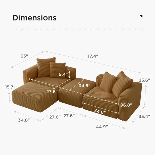 Miniatura 3 de Acanva - Sofá modular convertible de corduroy en forma de L, 4 plazas con combinación libre de esquina, convertible a cama diurna, sofá amplio