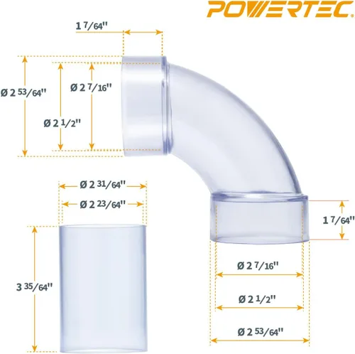 Miniatura 4 de POWERTEC 70321 Codo de 90 grados de identificación de 2-1/2 pulgadas para tuberías de recolección de polvo de 2-1/2 pulgadas, adaptadores