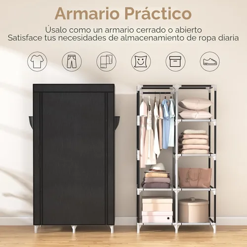 Miniatura 6 de ROJASOP Armario portátil de ropa para colgar con 6 estantes de almacenamiento, 1 barra colgante y 4 bolsillos, organizador de ropa independiente