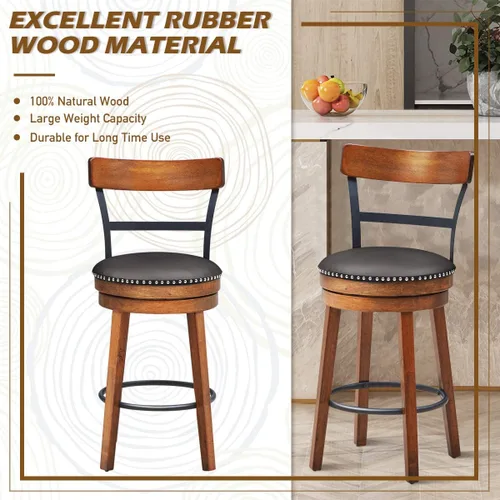 Miniatura 7 de COSTWAY Juego de 2 taburetes de bar, taburetes giratorios de 360 grados con asiento acolchado de cuero, respaldo de escalera de un solo listón