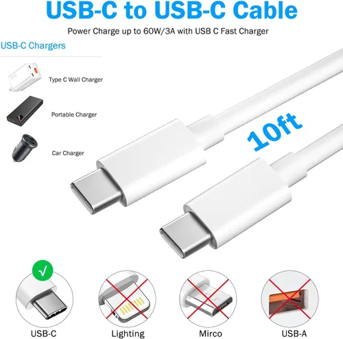 Miniatura 4 de Paquete de 2 cables tipo C a tipo C de 10 pies, USB C a USB C, cable USB C de 60 W, cable de carga rápida compatible con Apple iPhone 15/15 Pro/15
