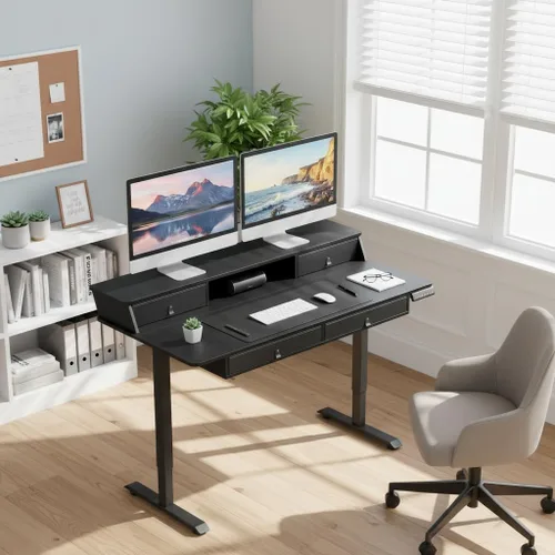 Miniatura 4 de Tangkula 55-Inch Electric Standing Desk with 4 Storage Drawers & Monitor Stand, Height Adjustable Stand Up Desk with 3 Memory Heights & Hook
