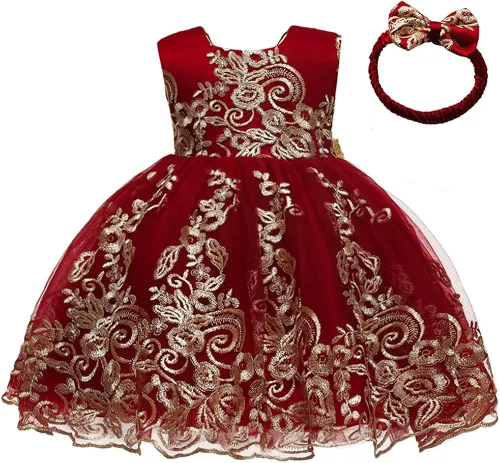 Miniatura 2 de 0-6T - Vestido de tutú de encaje bordado con lentejuelas y lazo grande para fiestas de bebé y niñas pequeñas con tocado