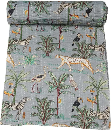 Marubhumi Edredón tradicional indio de algodón puro con estampado de selva Kantha, funda de cama, colcha Kantha con estampado de animales, Gris