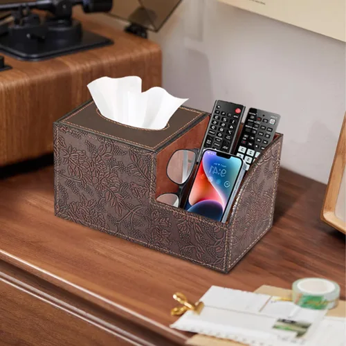 Miniatura 7 de Funda cuadrada de cuero PU para caja de pañuelos – Soporte multifuncional para caja de pañuelos, cubierta de caja de pañuelos con almacenamiento