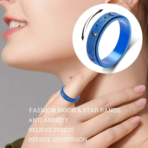Miniatura 5 de OreilleStar Anillo de ansiedad para mujer, anillo giratorio de acero inoxidable, juguetes para ansiedad para adultos, luna y estrella, azul, tamaño 8