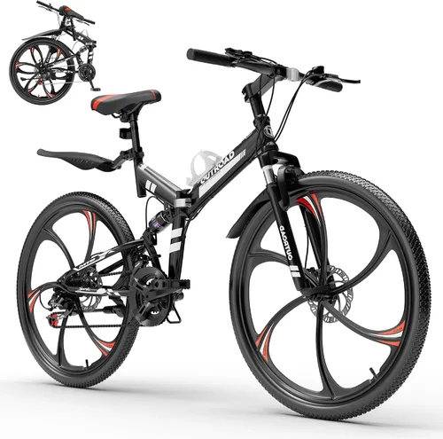 Max4out Bicicleta de montaña plegable de 26 pulgadas, bicicleta de suspensión completa de 21 velocidades, freno de doble disco, neumático