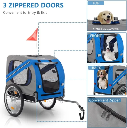 Miniatura 4 de PEXMOR Remolque de bicicleta para perros, carrito plegable para mascotas con enganche universal, transporte de carga para perro y ruedas de Azul