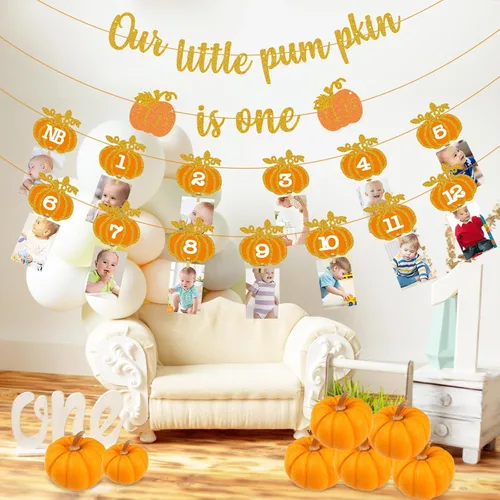 Miniatura 7 de Cartel de fotos de calabaza de otoño para el primer cumpleaños, pancarta de fotos de calabaza de otoño para recién nacidos a 12 meses, guirnalda