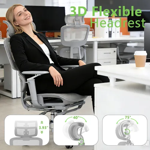 Miniatura 3 de Silla de oficina ergonómica con reposapiés, silla de escritorio de malla de respaldo alto, soporte lumbar y reclinable de 90-135°, reposacabezas 3D