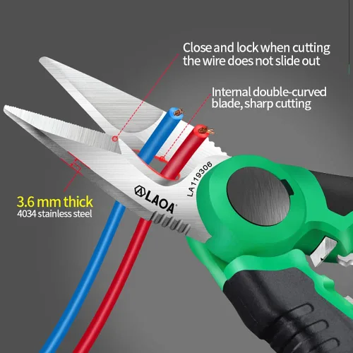 Miniatura 3 de LAOA Tijeras de electricista de acero inoxidable dentadas de 6 pulgadas con dientes antideslizantes fuertes ranuras de alambre Tijeras y funda