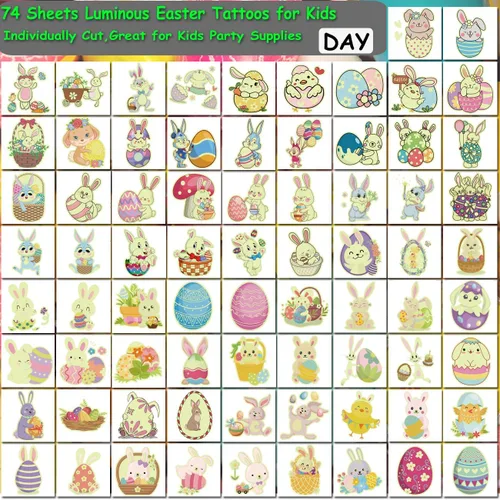 Miniatura 3 de CHARLENT Tatuajes temporales de Pascua que brillan en la oscuridad para niños, rellenos de cesta de Pascua, 74 hojas individuales, tatuajes