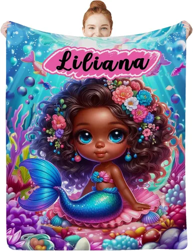 Regalos de sirena para niñas africanas, manta de bebé personalizada con nombre para bebés recién nacidos, manta personalizada para niñas negras,