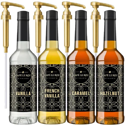 Miniatura 25 de Café Le Rou Jarabe de café variado, paquete de 5, 25.4 onzas, vainilla, vainilla francesa, caramelo, caramelo salado, jarabe saborizante de café