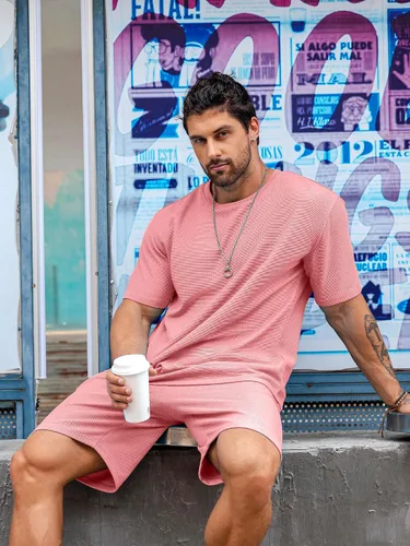 Miniatura 3 de Babioboa Conjunto de camiseta y pantalones cortos de manga corta para hombre, 2 bolsillos, de gran tamaño, de dos piezas, casual, uso diario