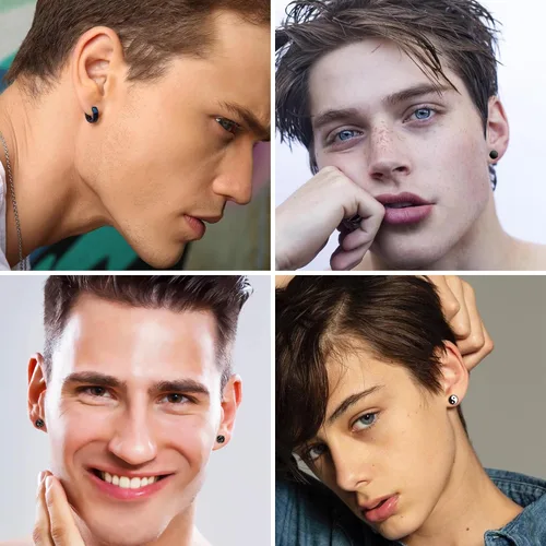 Miniatura 2 de Aretes negros para hombre, 4 pares de aretes de acero quirúrgico, hipoalergénicos Aritos para Hombre, juego de aretes negros para hombre y mujer