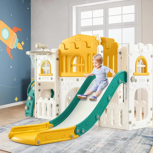 Miniatura 2 de Juego de tobogán infantil 8 en 1, juego de tobogán y escalador con pasillo, aro de baloncesto, telescopio, patio de juegos para interiores